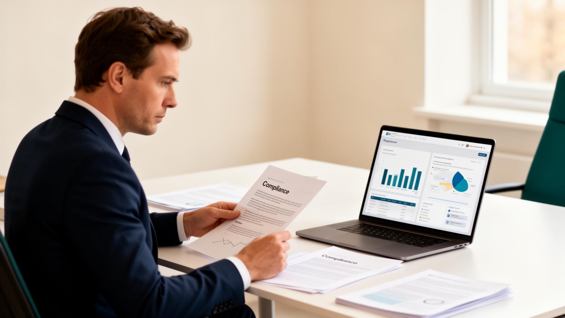 Agency director reviewing compliance documents and a payroll dashboard