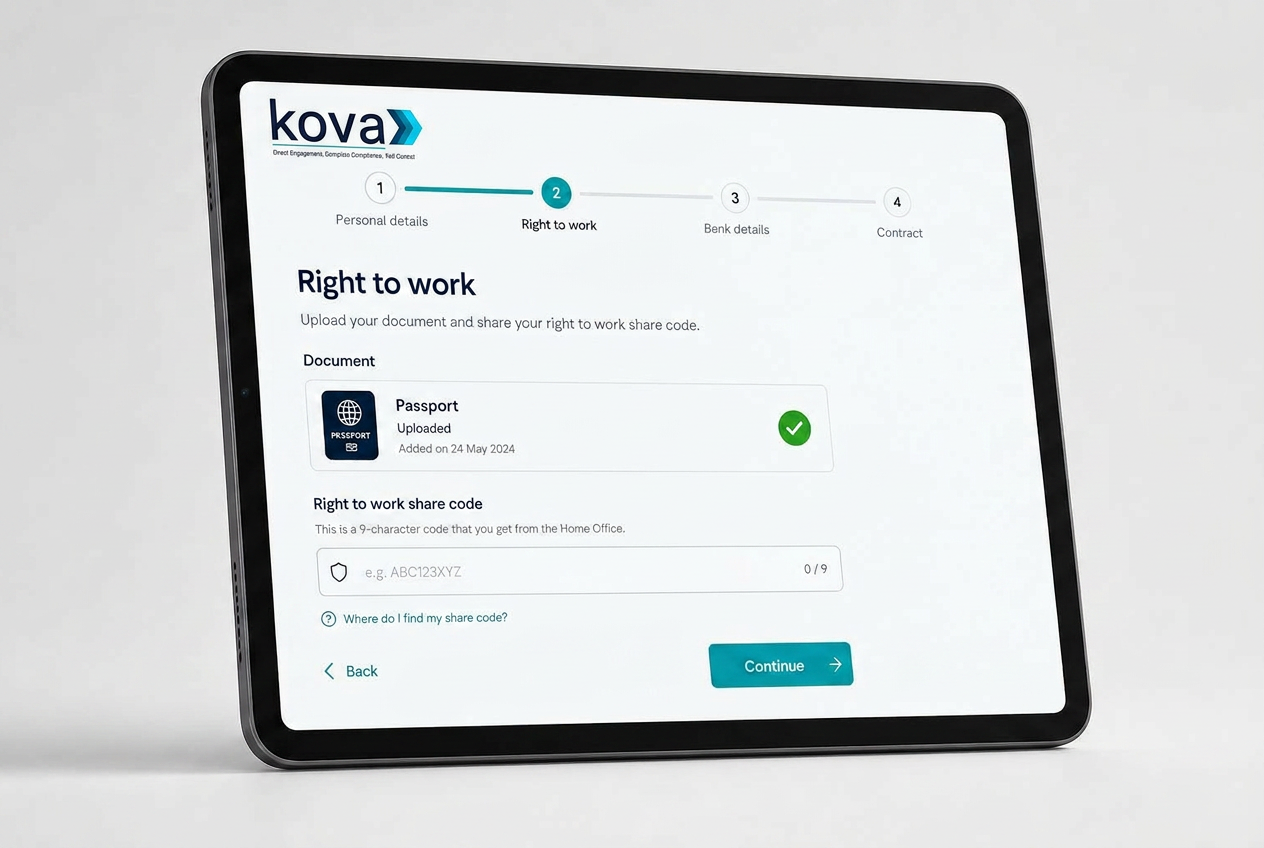 Kova digital onboarding flow shown on a tablet, with right-to-work step active
