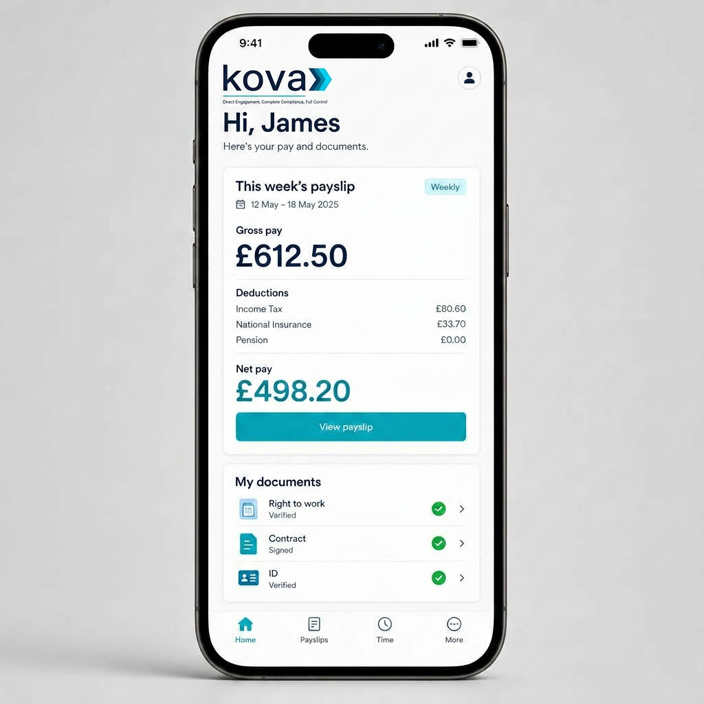 Kova worker app shown on a smartphone, displaying weekly payslip and verified documents